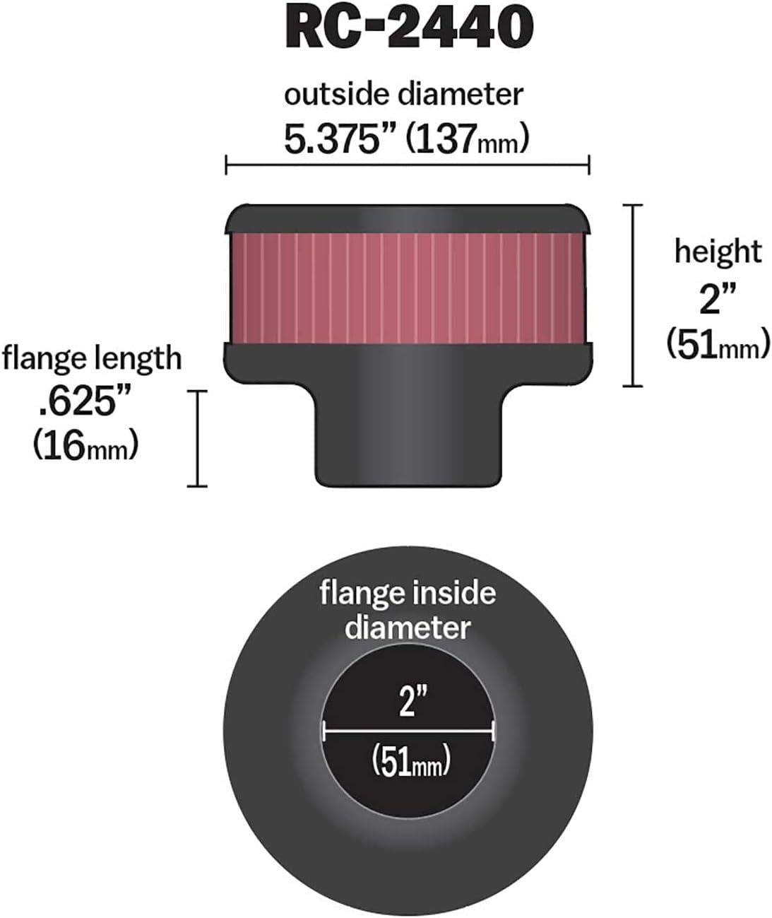 High-Flow Original Lifetime Universal Clamp-On Air Filter: High Performance, Premium, Washable: Flange Diameter: 2 In, Filter Height: 2 In, Flange Length: 0.625 In, Shape: Round, RC-2440