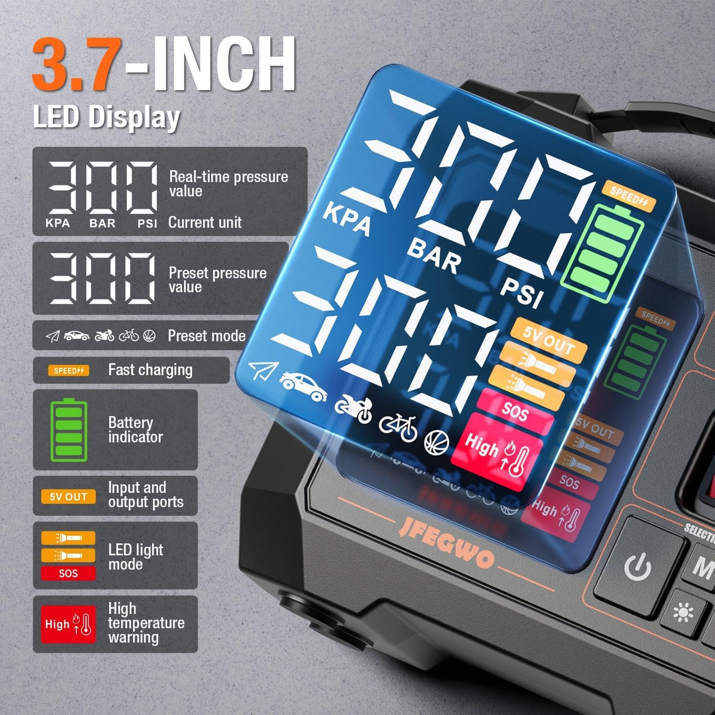 Portable Heavy-Duty Tire Inflator for Pickup Truck,Rv, 300PSI Air Compressor, 9X Faster Inflator with 3.7 Inch Digital Gauge. 5 Safety Protections and Cooling System for Truck, SUV, Compact Cars