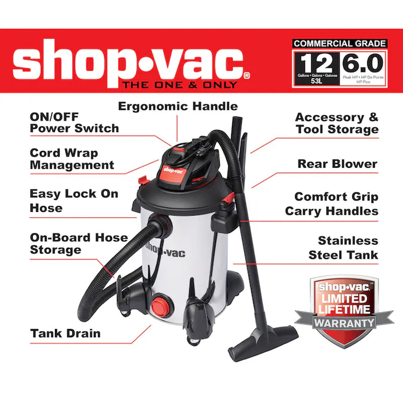 12-Gallon 6.0 HP Corded Wet/Dry Shop Vacuum with Accessories Included
