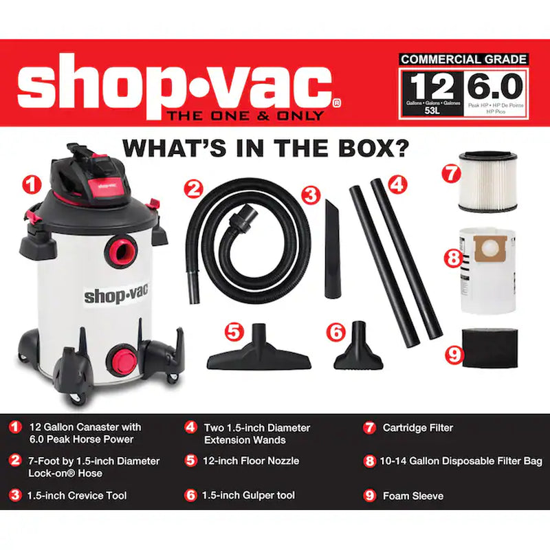 12-Gallon 6.0 HP Corded Wet/Dry Shop Vacuum with Accessories Included