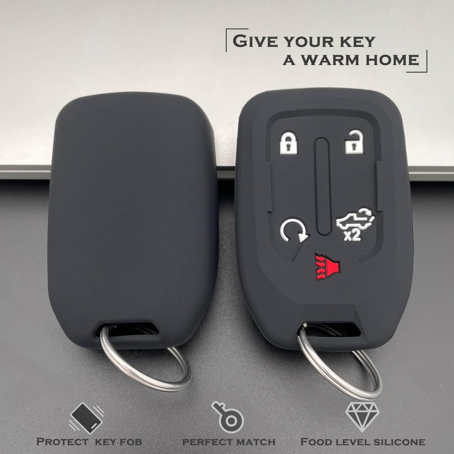 Premium Black Silicone Key Fob Case Cover for 2019-2023 Chevy Silverado & GMC Sierra - Durable Remote Protector with Key Ring (2PCS)