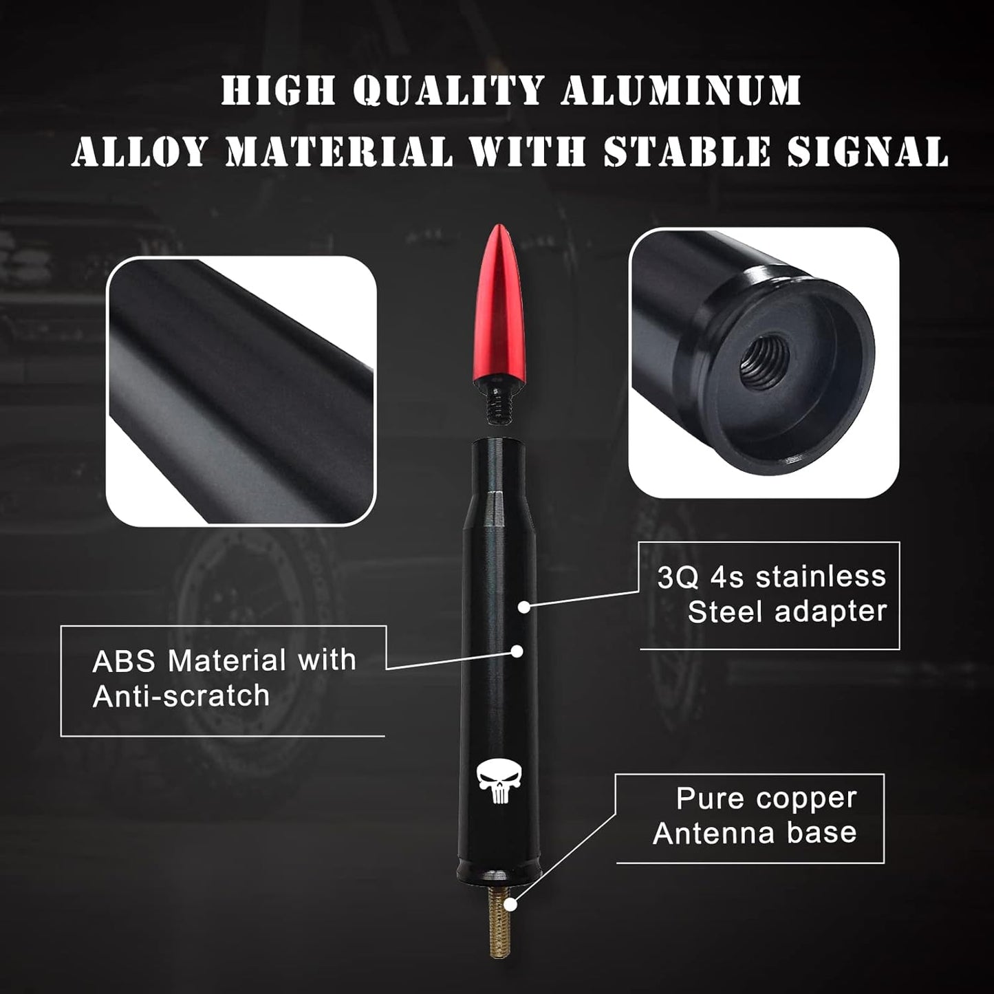 Pack-1 Car Bullet Antenna, 5.4" Skull Antenna Pole for GM Chevy Silverado 1500 2500 3500 HD Avalanche GMC Sierra 1500 2500 3500 Denali Heavy Duty Pickup Trucks Accessories (Red)