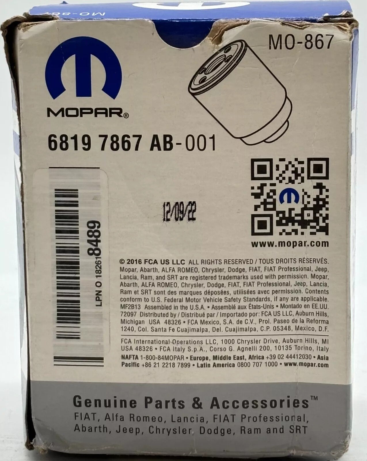 Mopar Fuel Filter Water Separator Kit for Ram Pickup Truck - MO-867 - SEALED-NEW