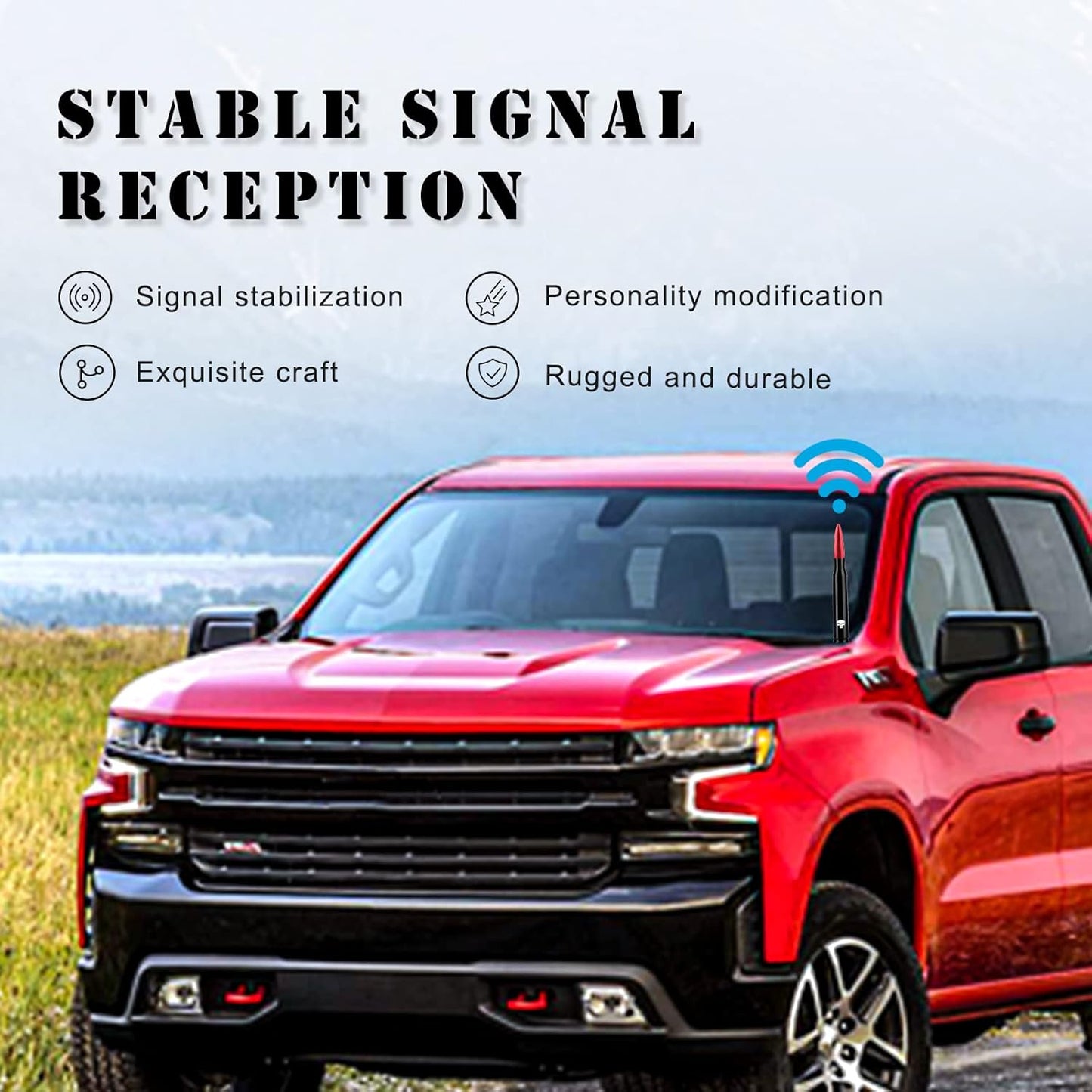 Pack-1 Car Bullet Antenna, 5.4" Skull Antenna Pole for GM Chevy Silverado 1500 2500 3500 HD Avalanche GMC Sierra 1500 2500 3500 Denali Heavy Duty Pickup Trucks Accessories (Red)