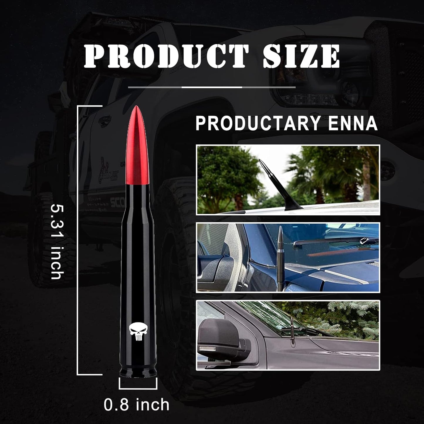 Pack-1 Car Bullet Antenna, 5.4" Skull Antenna Pole for GM Chevy Silverado 1500 2500 3500 HD Avalanche GMC Sierra 1500 2500 3500 Denali Heavy Duty Pickup Trucks Accessories (Red)