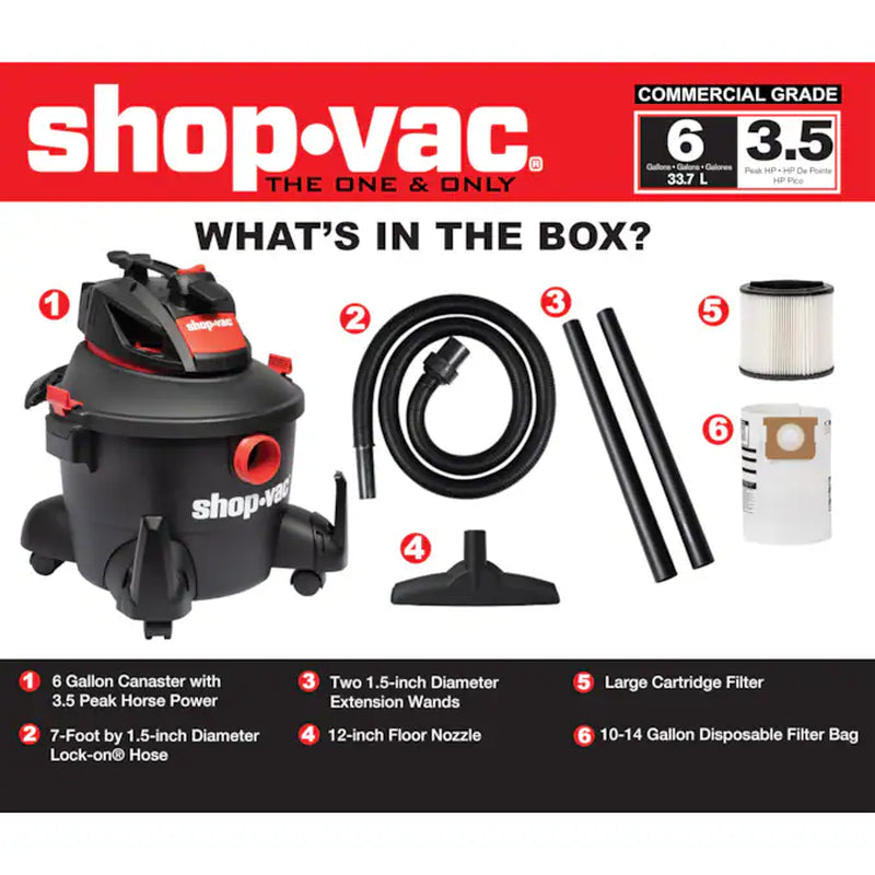 6-Gallon 3.5 HP Corded Wet/Dry Shop Vacuum with Accessories Included