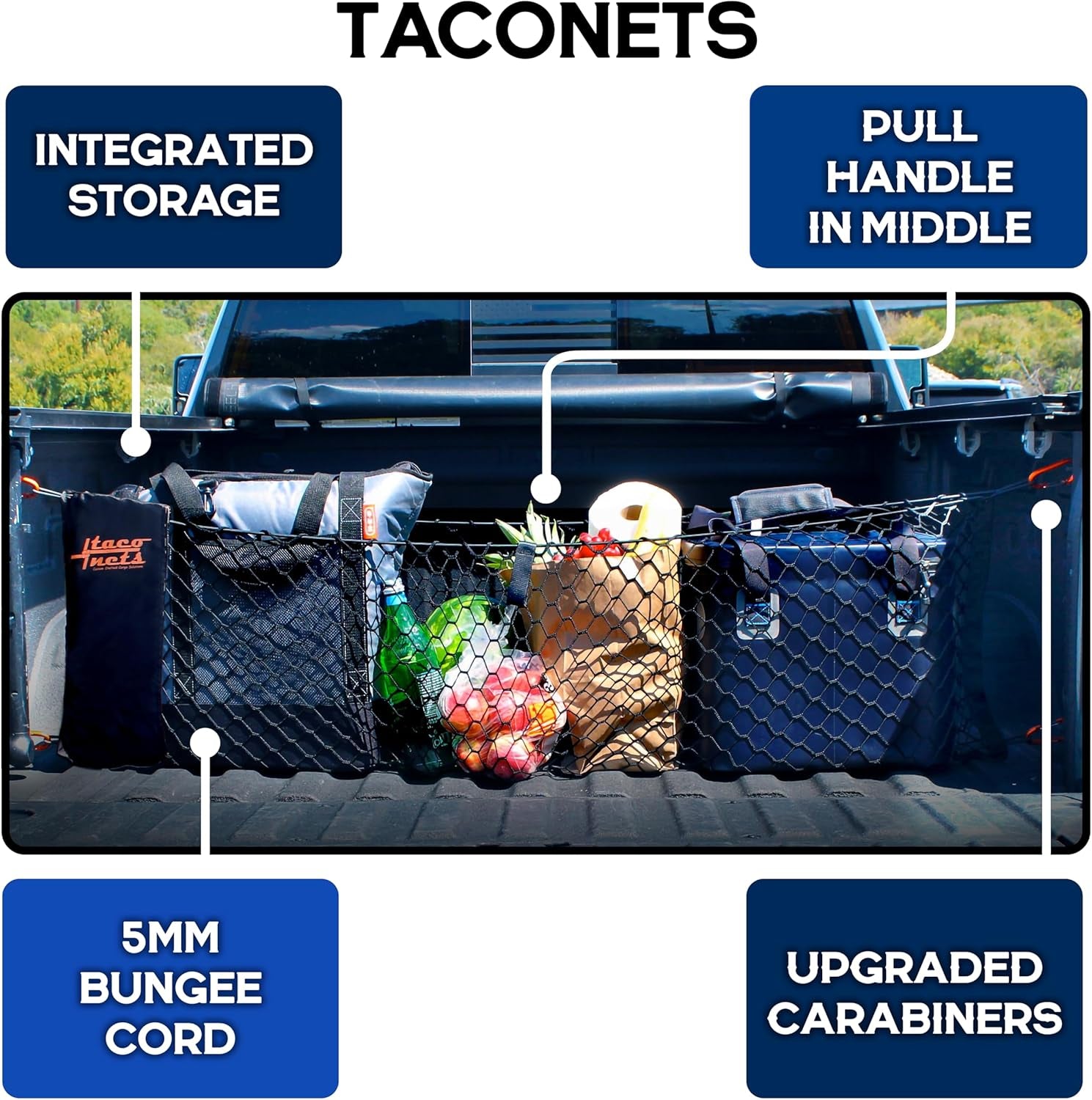 Heavy-Duty Cargo Net w/ Bungee & Carabiners – Fits GMC Sierra & Chevy Silverado
