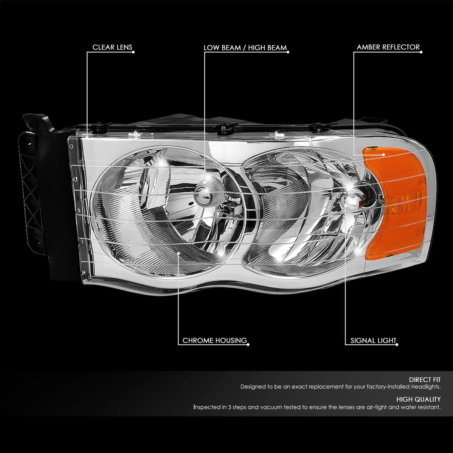 for 02-05 Dodge Ram 1500 2500 3500 Chrome Amber Euro Crystal Headlight Pair