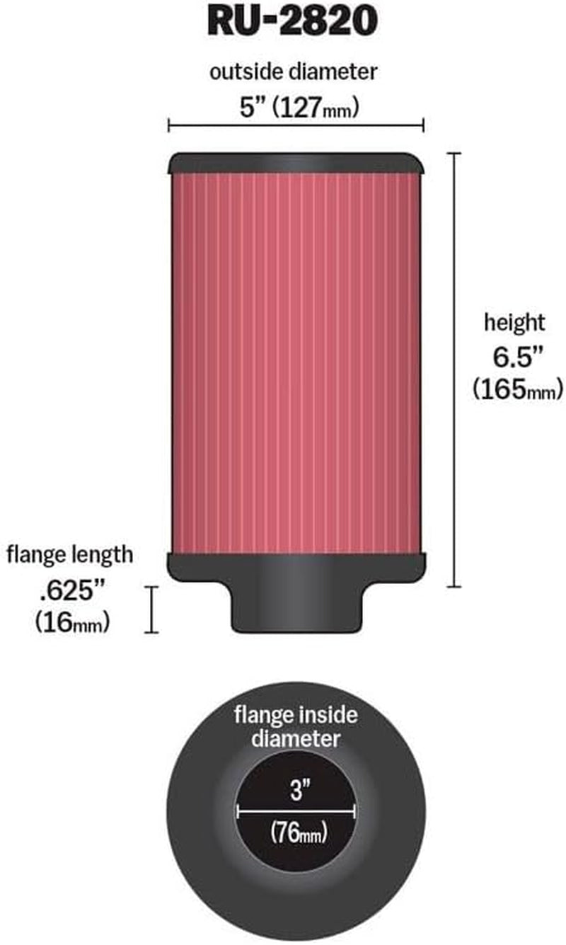 High-Flow Original Lifetime Universal Clamp-On Air Filter: High Performance, Premium, Washable: Flange Diameter: 3 In, Filter Height: 6.5 In, Flange Length: 0.625 In, Shape: Round, RU-2820