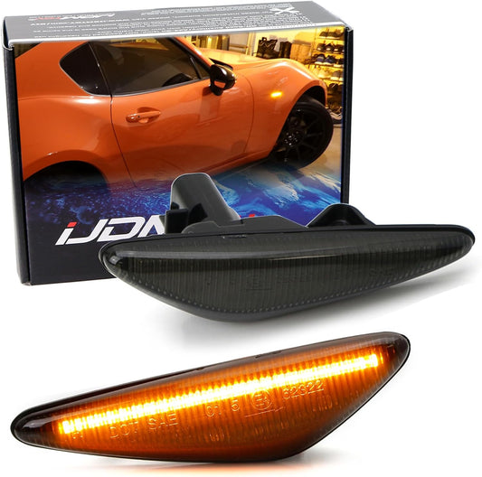 Smoked Lens Dynamic Sequential Blink/Flow Amber LED Front Side Marker Light Kit Compatible with 2016-Up Mazda MX-5, 2009-2012 Mazda RX-8, 2017-Up Fiat 124 Spider, Replace OEM Sidemarker Lamps