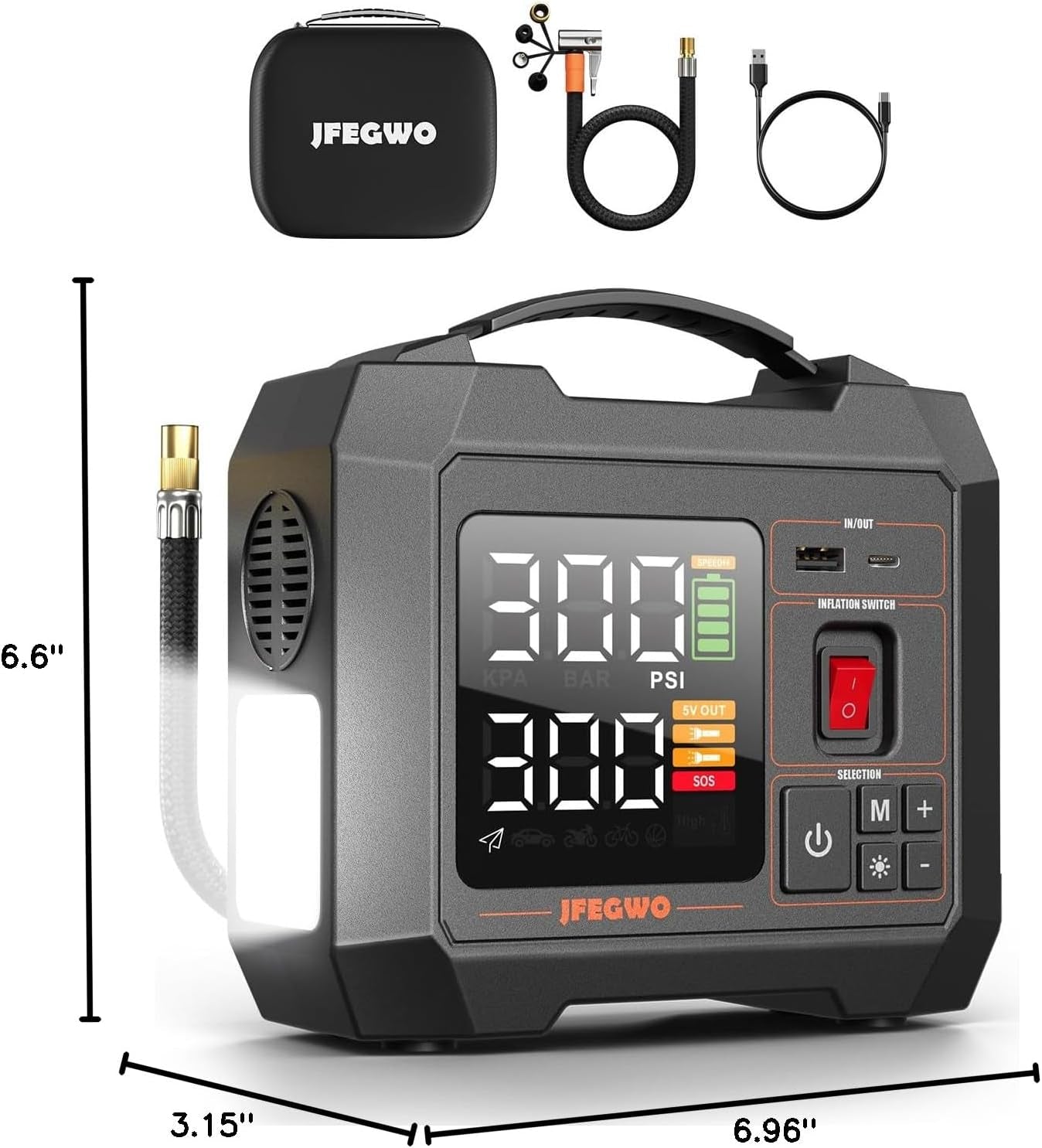 Portable Heavy-Duty Tire Inflator for Pickup Truck,Rv, 300PSI Air Compressor, 9X Faster Inflator with 3.7 Inch Digital Gauge. 5 Safety Protections and Cooling System for Truck, SUV, Compact Cars