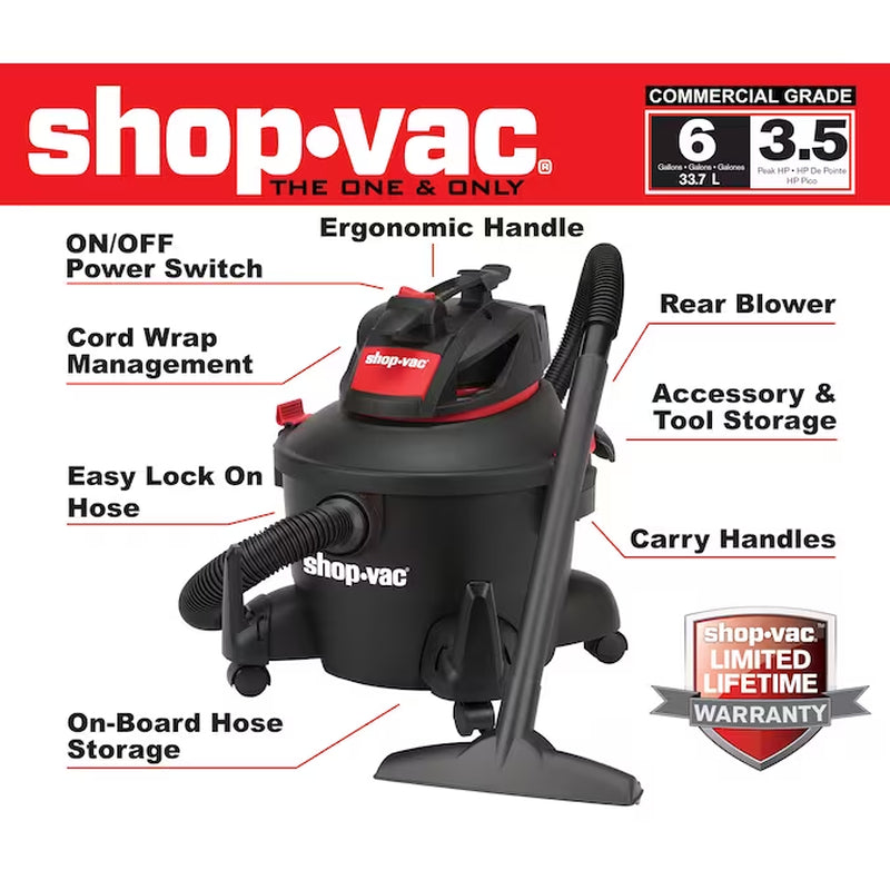 6-Gallon 3.5 HP Corded Wet/Dry Shop Vacuum with Accessories Included
