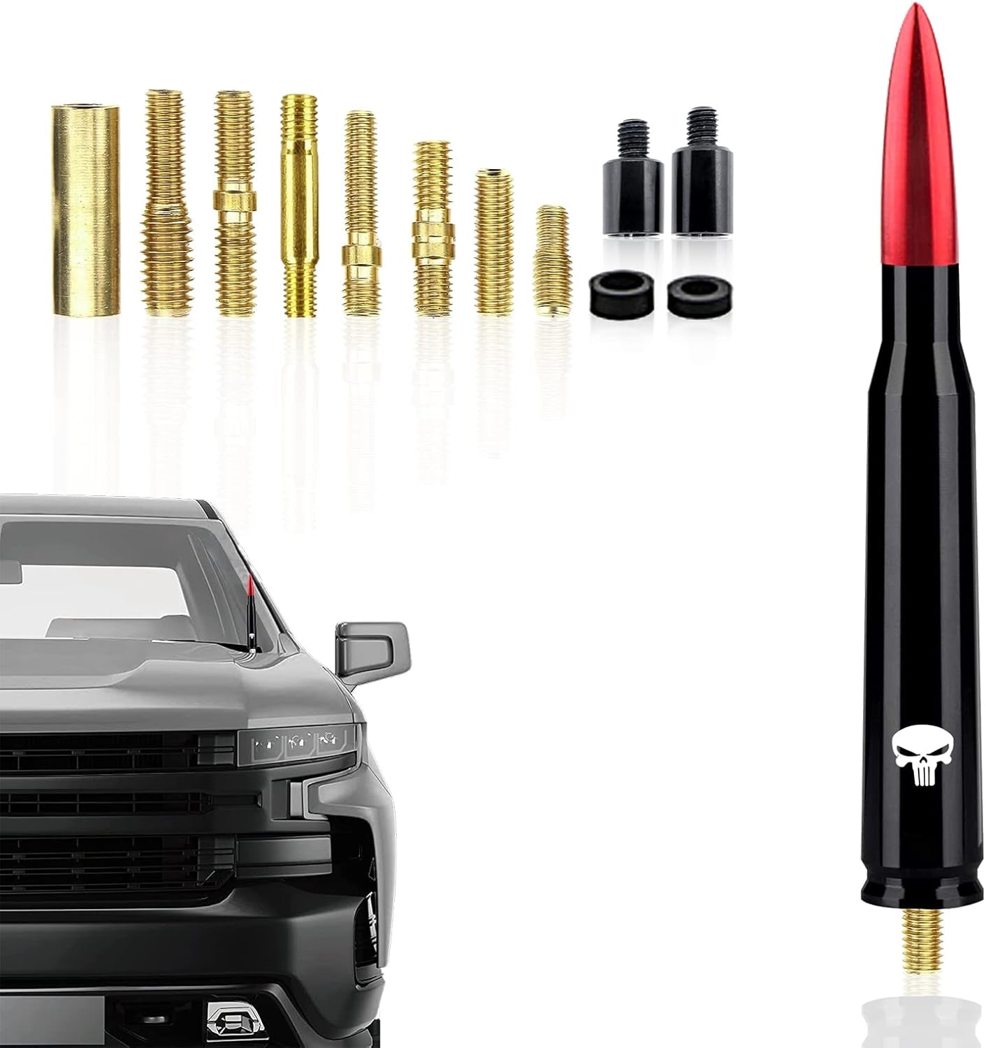 Pack-1 Car Bullet Antenna, 5.4" Skull Antenna Pole for GM Chevy Silverado 1500 2500 3500 HD Avalanche GMC Sierra 1500 2500 3500 Denali Heavy Duty Pickup Trucks Accessories (Red)