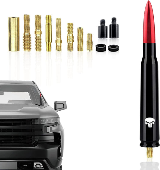 Pack-1 Car Bullet Antenna, 5.4" Skull Antenna Pole for GM Chevy Silverado 1500 2500 3500 HD Avalanche GMC Sierra 1500 2500 3500 Denali Heavy Duty Pickup Trucks Accessories (Red)