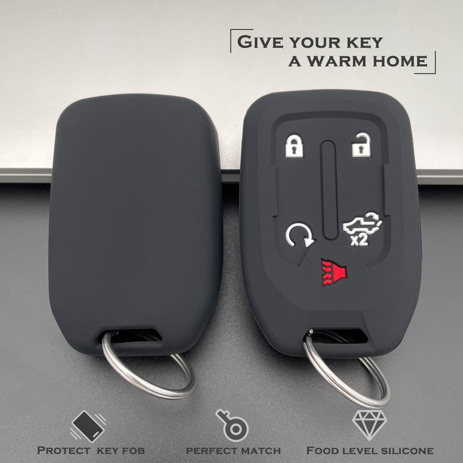 Premium Black Silicone Key Fob Case Cover for 2019-2023 Chevy Silverado & GMC Sierra - Durable Remote Protector with Key Ring (2PCS)