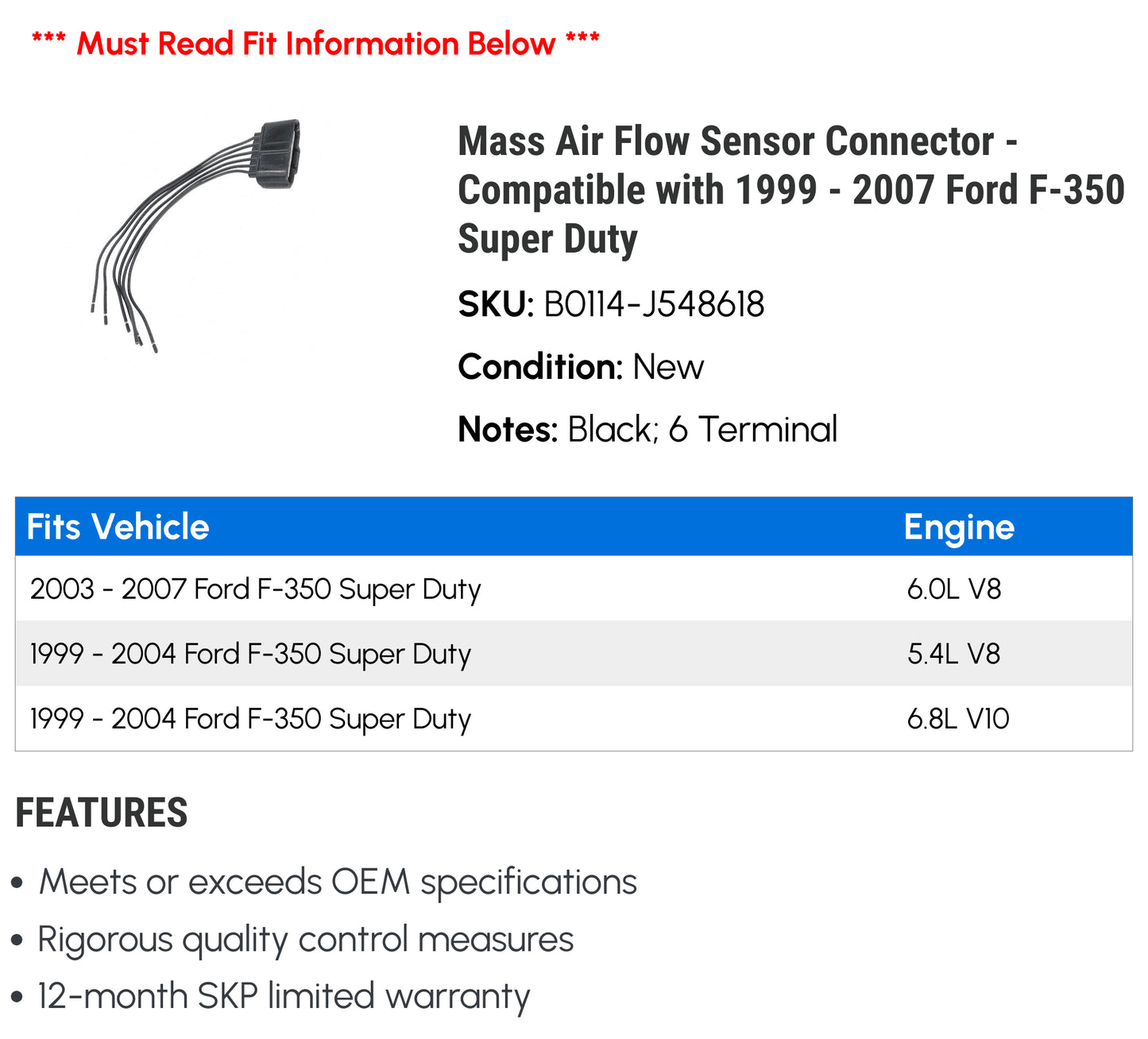 Mass Air Flow Sensor Connector - Compatible with 1999 - 2007 Ford F-350 Super Duty 2000 2001 2002 2003 2004 2005 2006