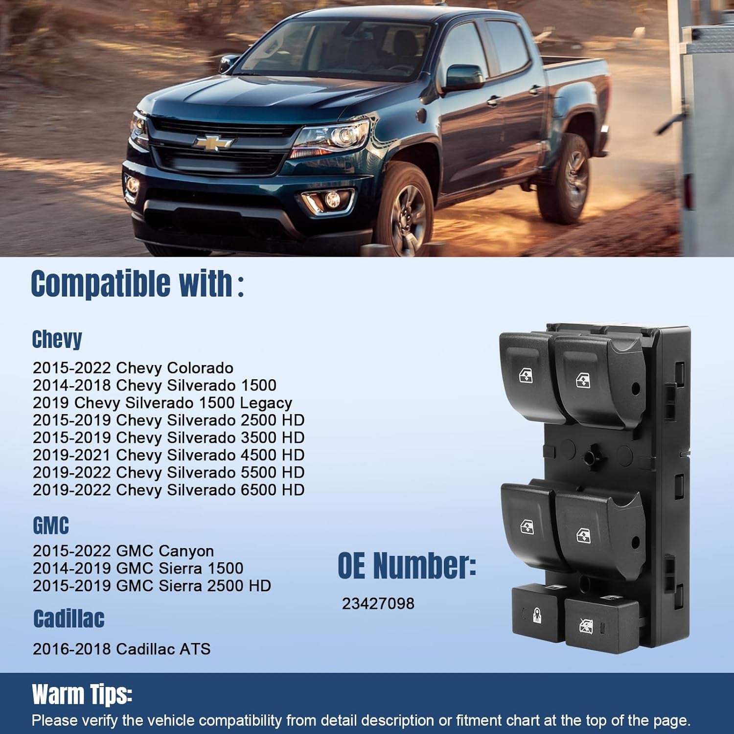 Master Power Window Switch Driver Side Compatible with 2014-2022 Chevy Silverado