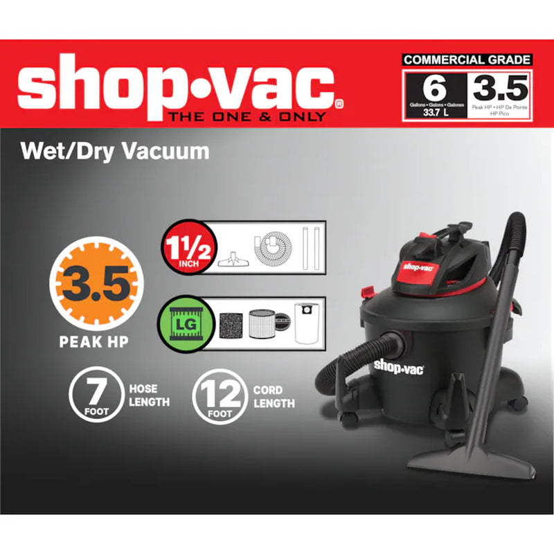 6-Gallon 3.5 HP Corded Wet/Dry Shop Vacuum with Accessories Included