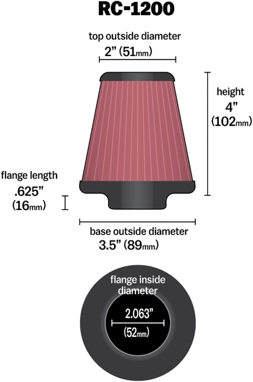 High-Flow Original Lifetime Universal Clamp-On Air Filter: High Performance, Premium: Flange Diameter: 2.0625 In, Filter Height: 4 In, Flange Length: 0.625 In, Shape: round Tapered, RC-1200