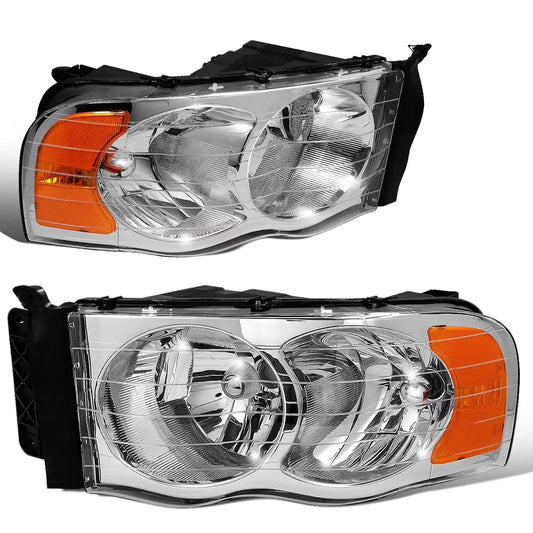 for 02-05 Dodge Ram 1500 2500 3500 Chrome Amber Euro Crystal Headlight Pair