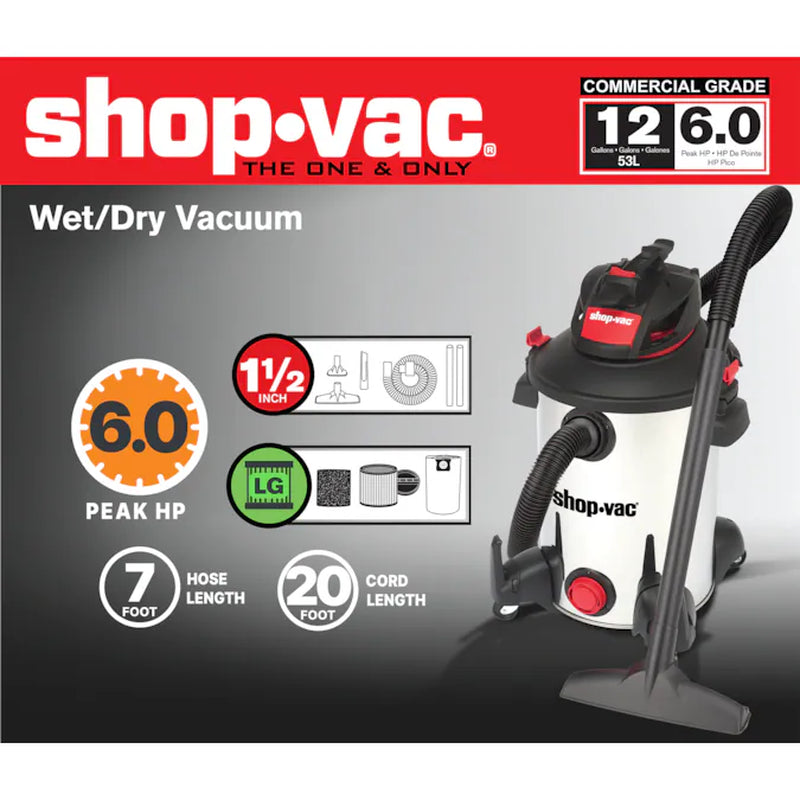 12-Gallon 6.0 HP Corded Wet/Dry Shop Vacuum with Accessories Included